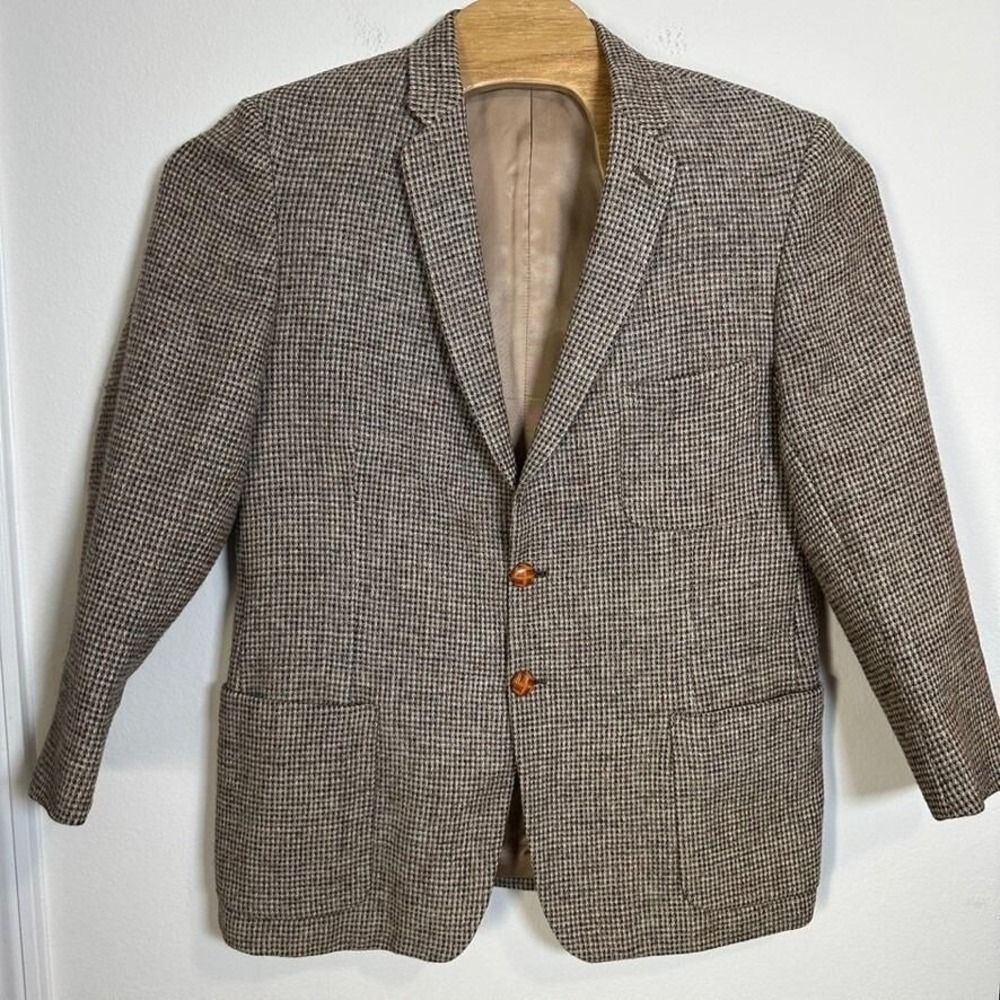 Alexandre Harris Tweed Blazer Mens 44R‎ Brown Houndstooth Wool Jacket England